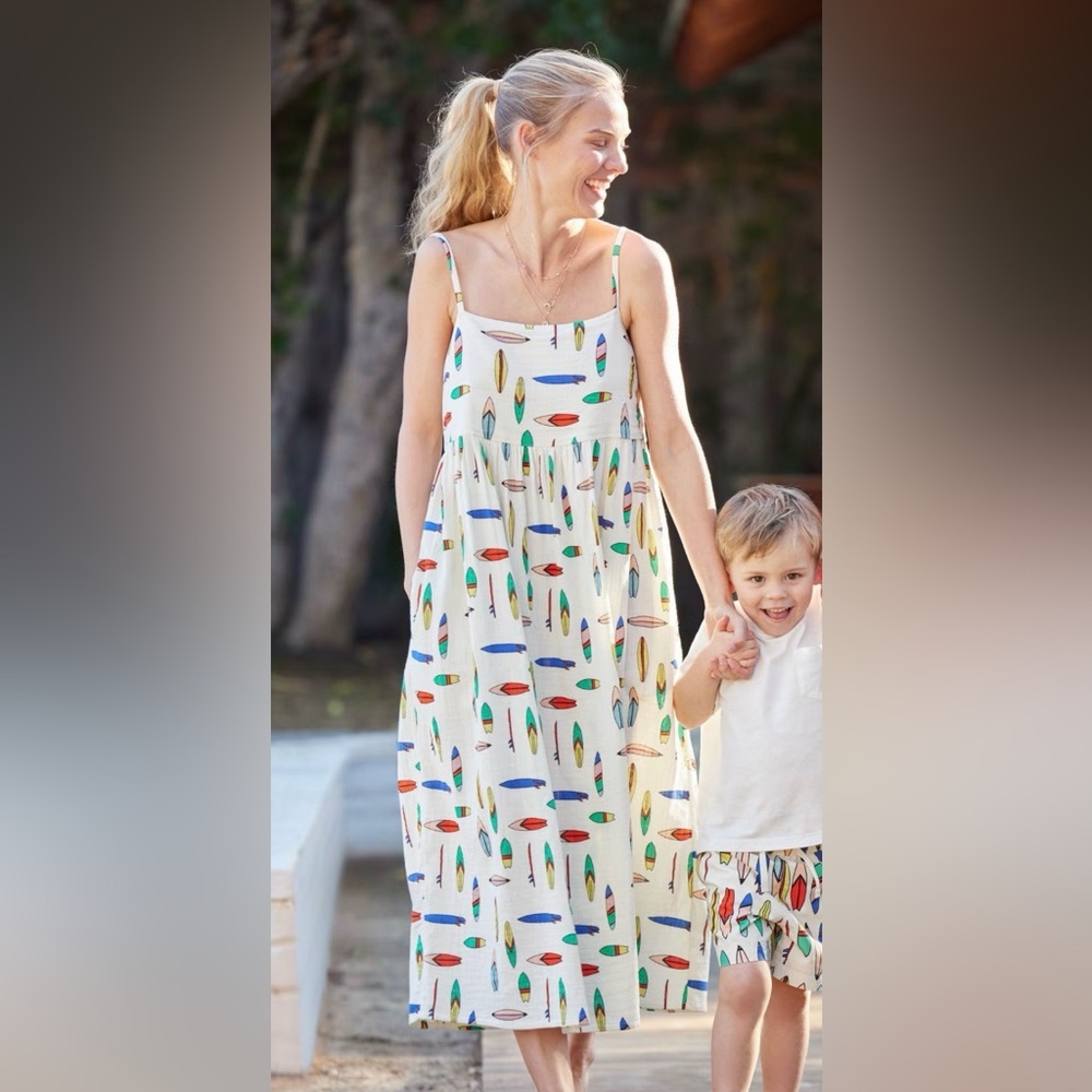 Hanna Andersson Surf’s Up Print Muslin Midi Dress, Size Small.